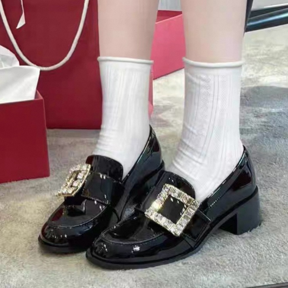 Roger Vivier style Elegant Black Loafers with Rose Gold Buckle